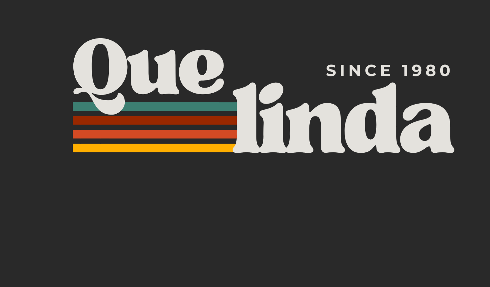 Logo with 'Que linda' text and colorful stripes on a black background